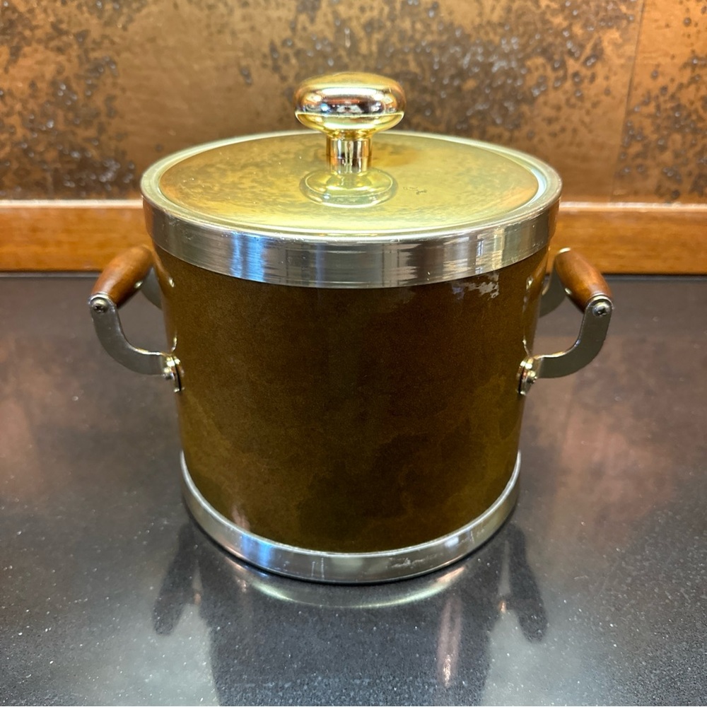 Kraftware NYC Vintage MCM Gold Accented 2 Handled Ice Bucket
